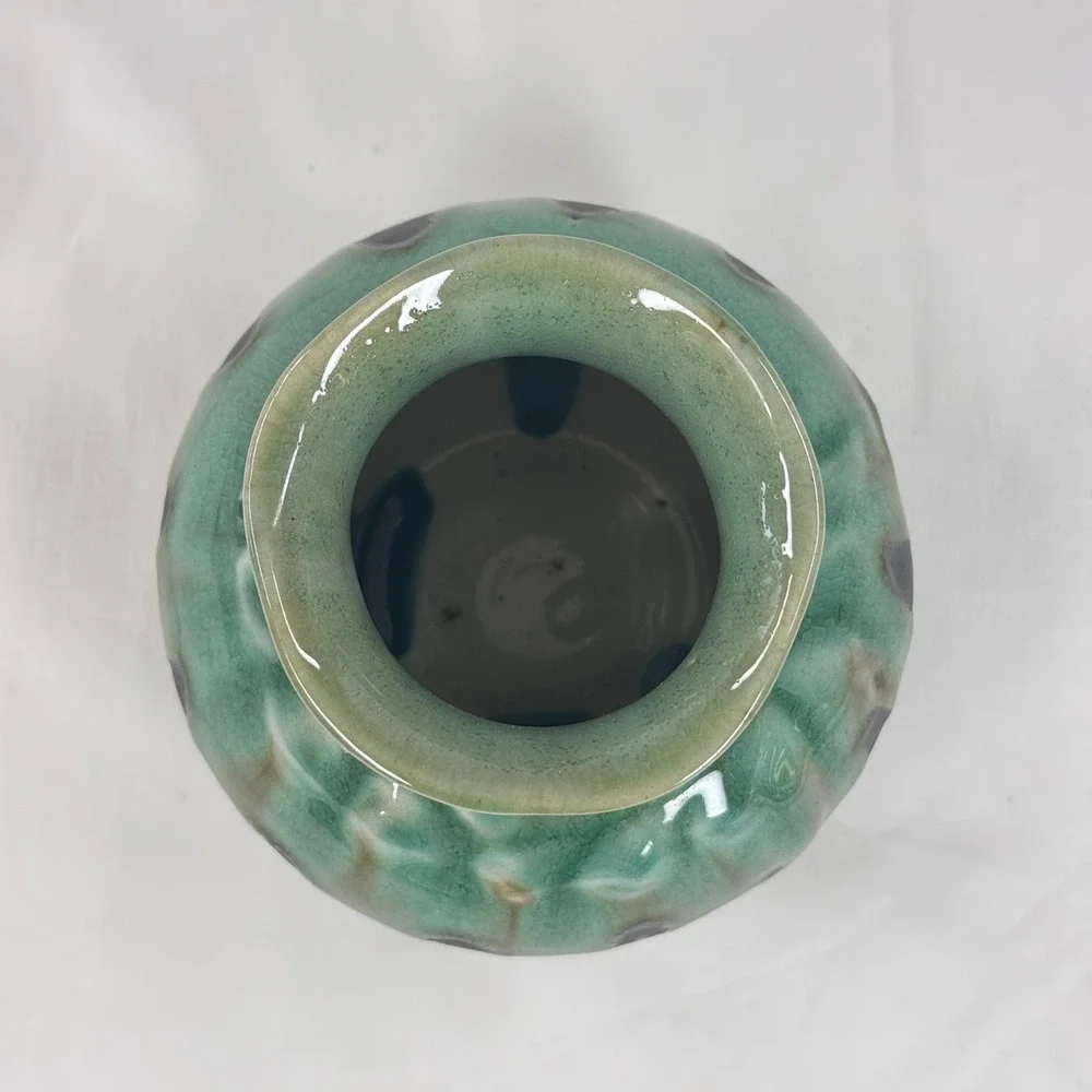 Vintage Studio Pottery Drip Glaze Vase‎ Green Brown Textured Scalloped Rim 5.5
